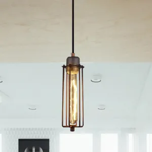 Vintage Style Metal Tube Pendant Light with Wire Cage and Adjustable Cord - Restaurant Ceiling Fixture in Black