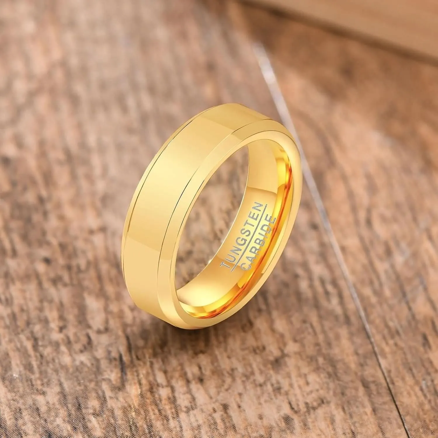 Vintage Wedding Bands, Male Wedding Bands 6mm Gold Ring Beveled Edge Tungsten Carbide