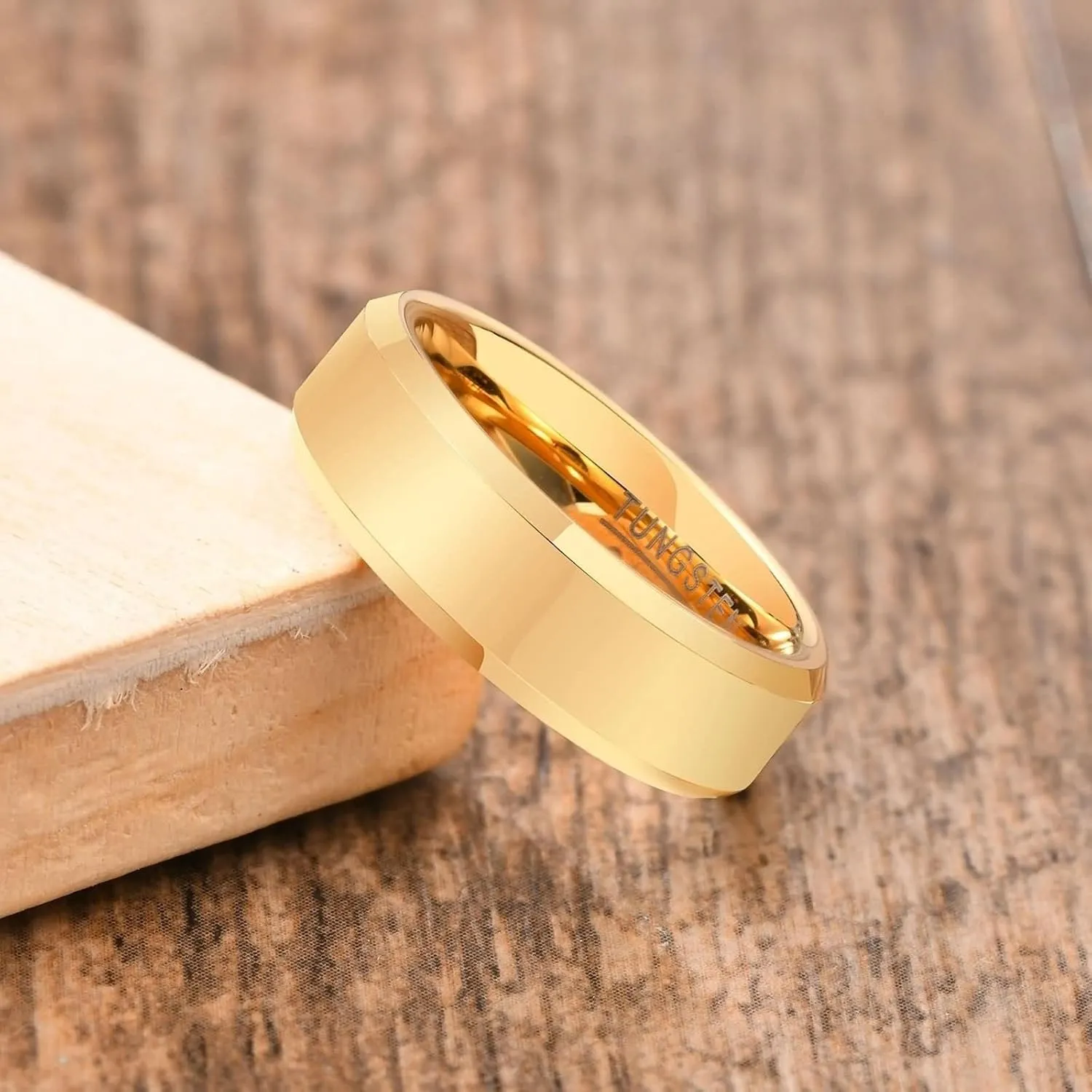Vintage Wedding Bands, Male Wedding Bands 6mm Gold Ring Beveled Edge Tungsten Carbide