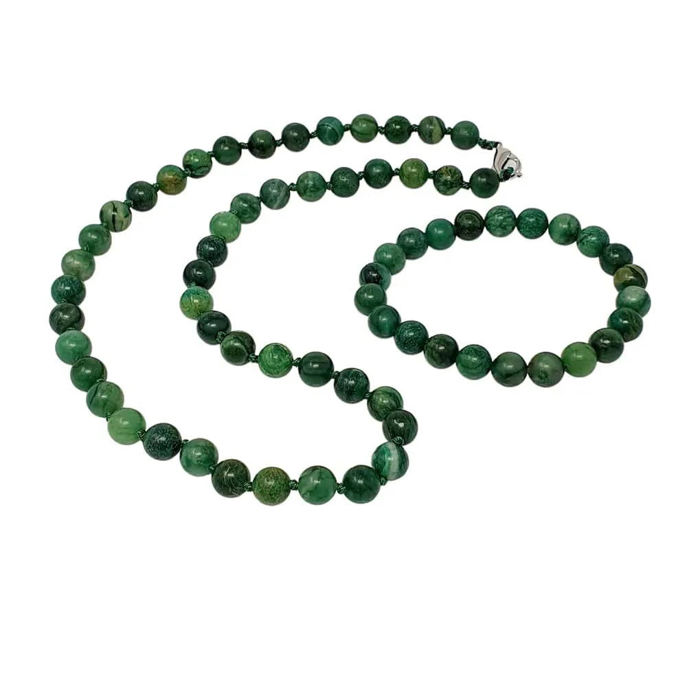 VN Jewelry Womens Handmade Beaded Gemstone Necklace Bracelet Set - 8mm Natural Green African Jade Gemstone Necklace Jewellery Set For Women