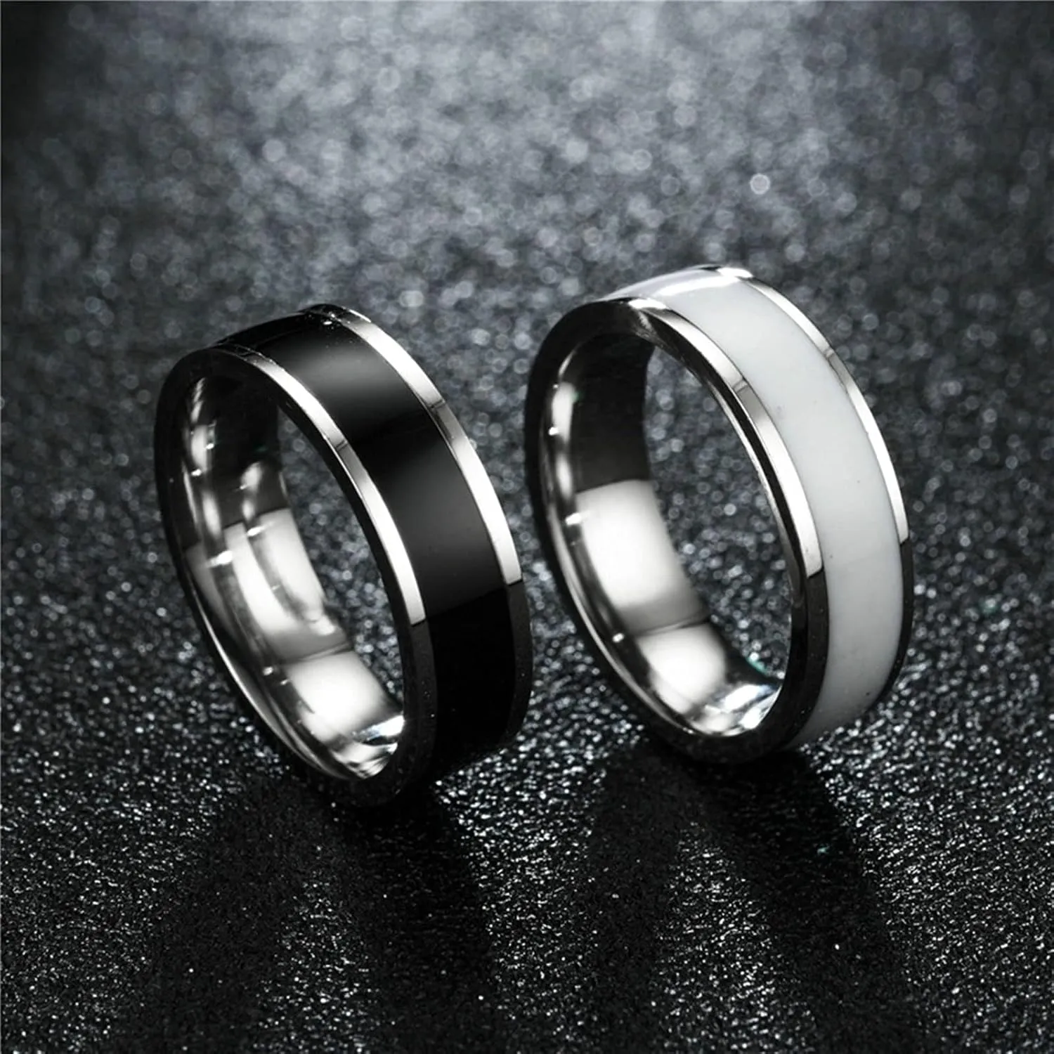 Wedding Band, Silver White Womens Wedding Bands Silver Black Wedding Bands for Men Stainless Steel Black White Line Shape