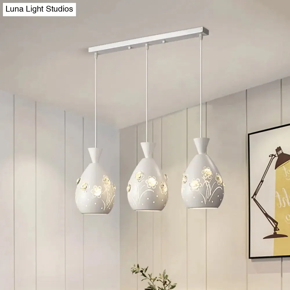 White Cone Pendant Light Set with Laser-Cut Floral Design – Modern, 3-Light Iron Lamp