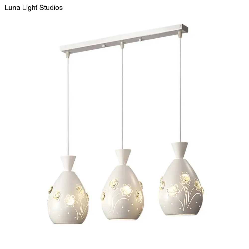 White Cone Pendant Light Set with Laser-Cut Floral Design – Modern, 3-Light Iron Lamp