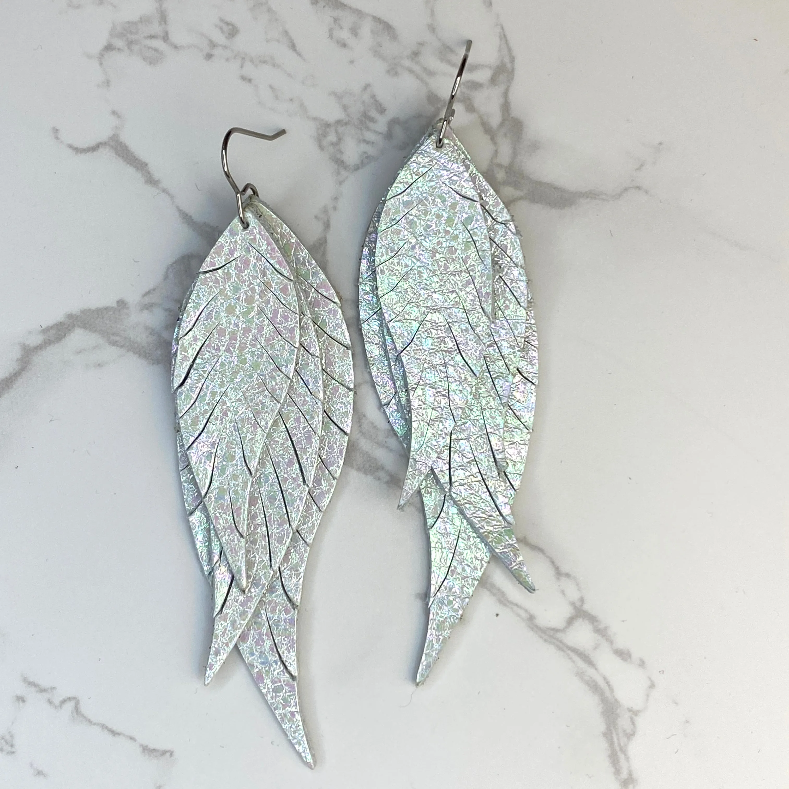 White Iridescent Genuine Leather Feather Earrings