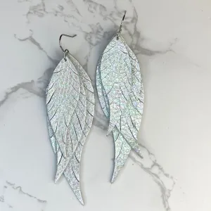 White Iridescent Genuine Leather Feather Earrings