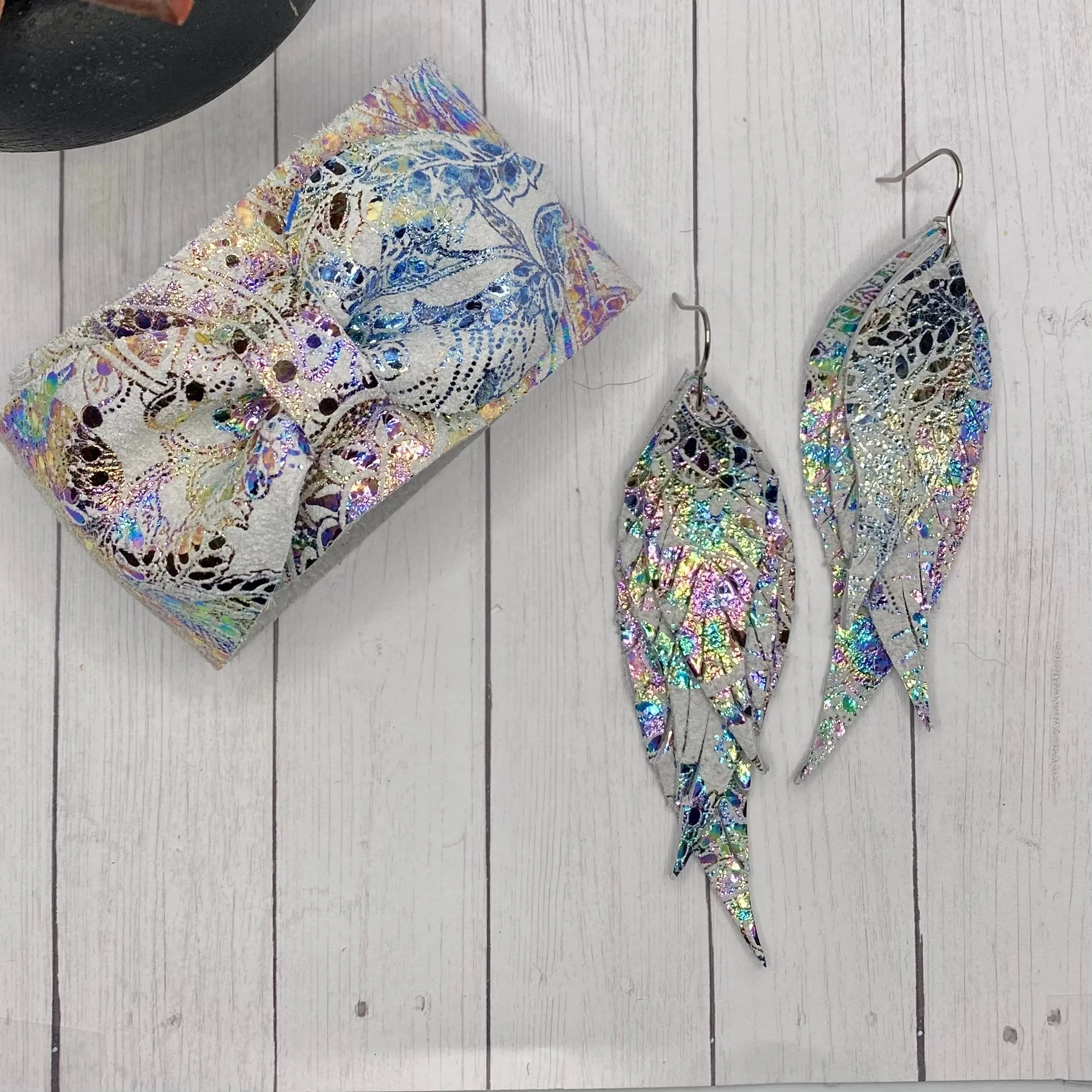 White Iridescent Paisley Genuine Leather Feather Earrings