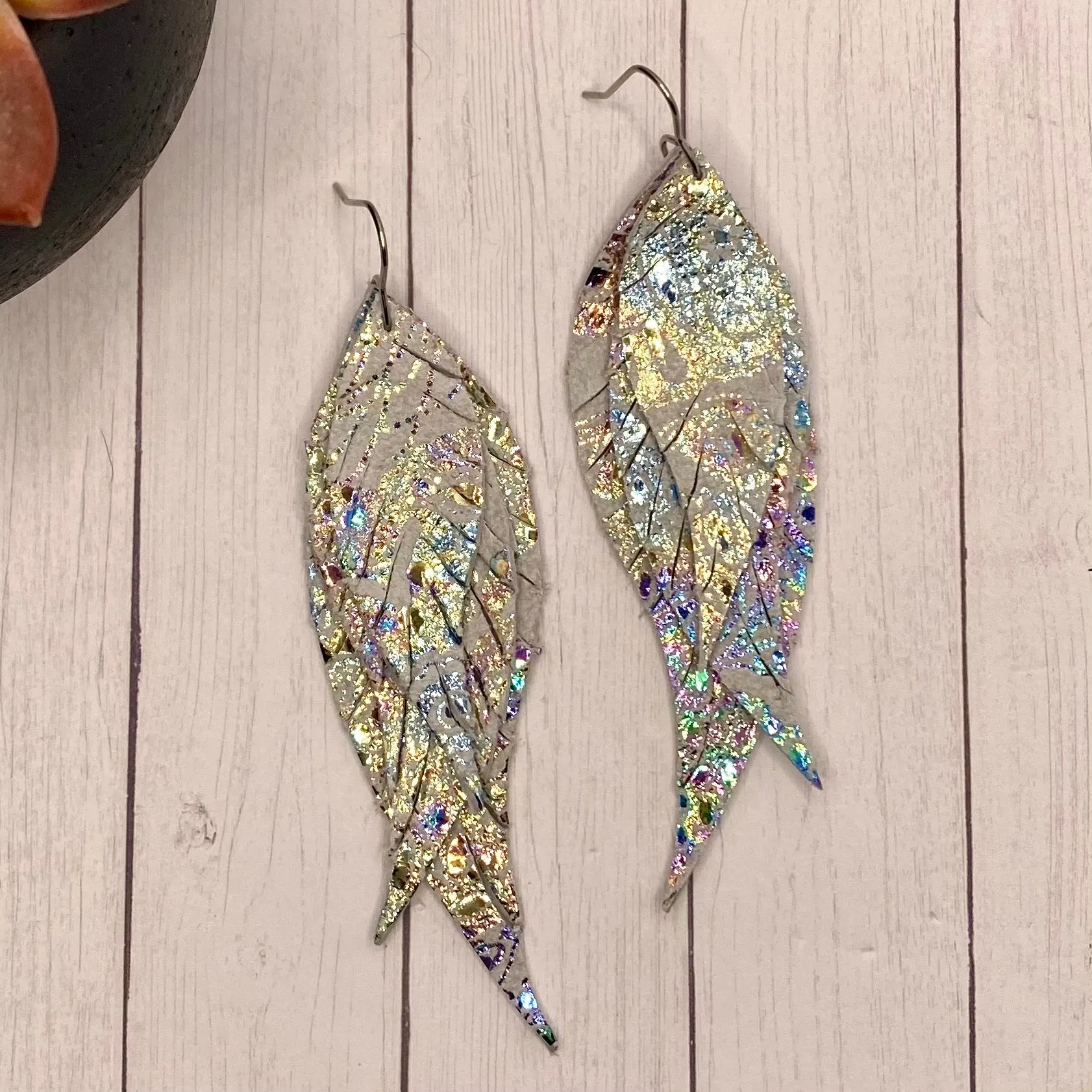White Iridescent Paisley Genuine Leather Feather Earrings