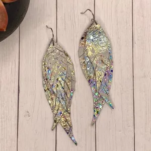 White Iridescent Paisley Genuine Leather Feather Earrings