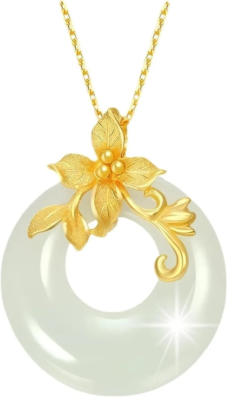 White Jade Donut Pendant Necklace Jewelry Natural 925 Silver, White Gemstone Gold Plated Pendant Gift Valentine Birthday With Good Fortune Length Adjustable