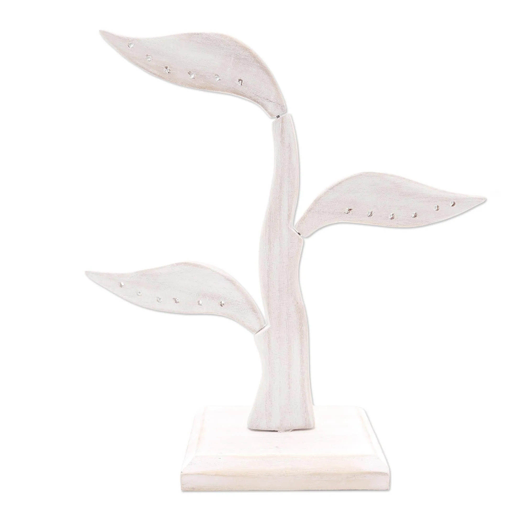 White Jempinis Wood Leaf-Themed Jewelry Holder (10 Inch) - Daun Salam in White | NOVICA