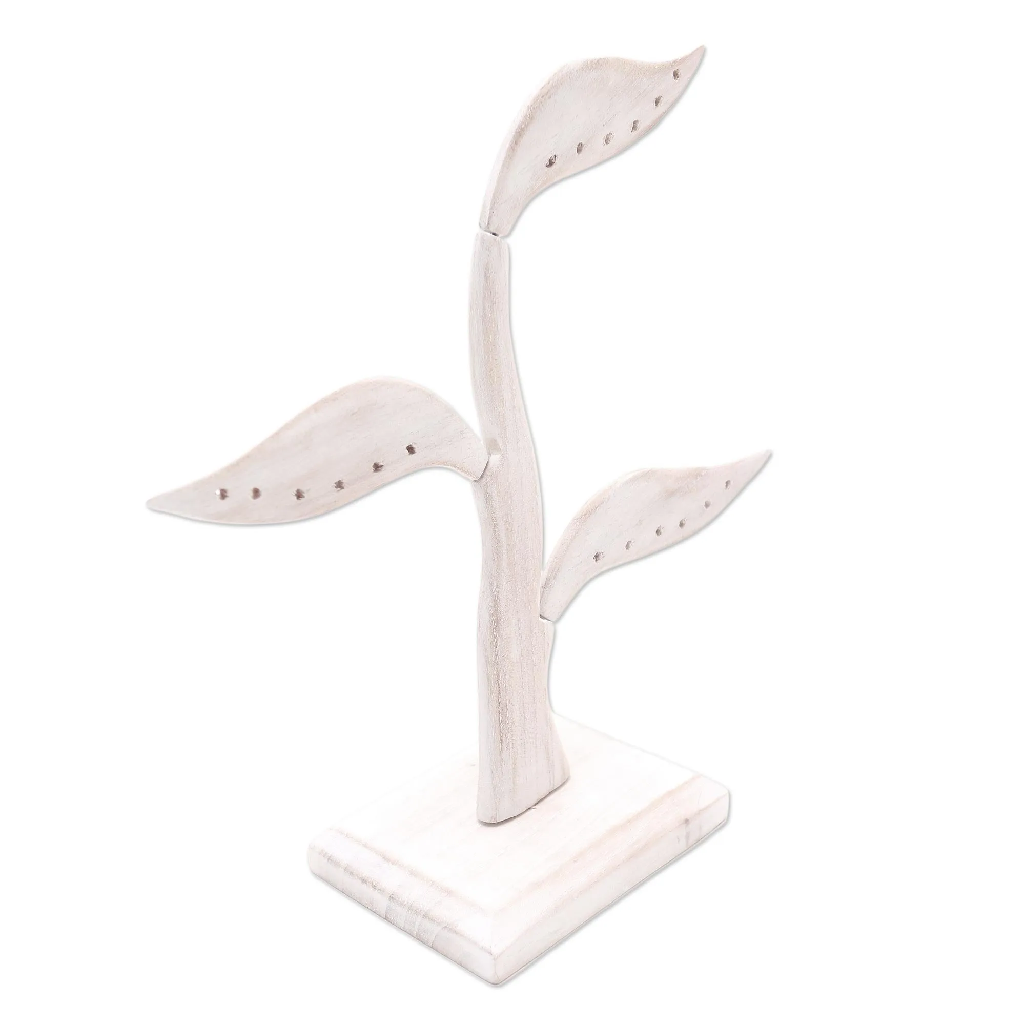 White Jempinis Wood Leaf-Themed Jewelry Holder (10 Inch) - Daun Salam in White | NOVICA