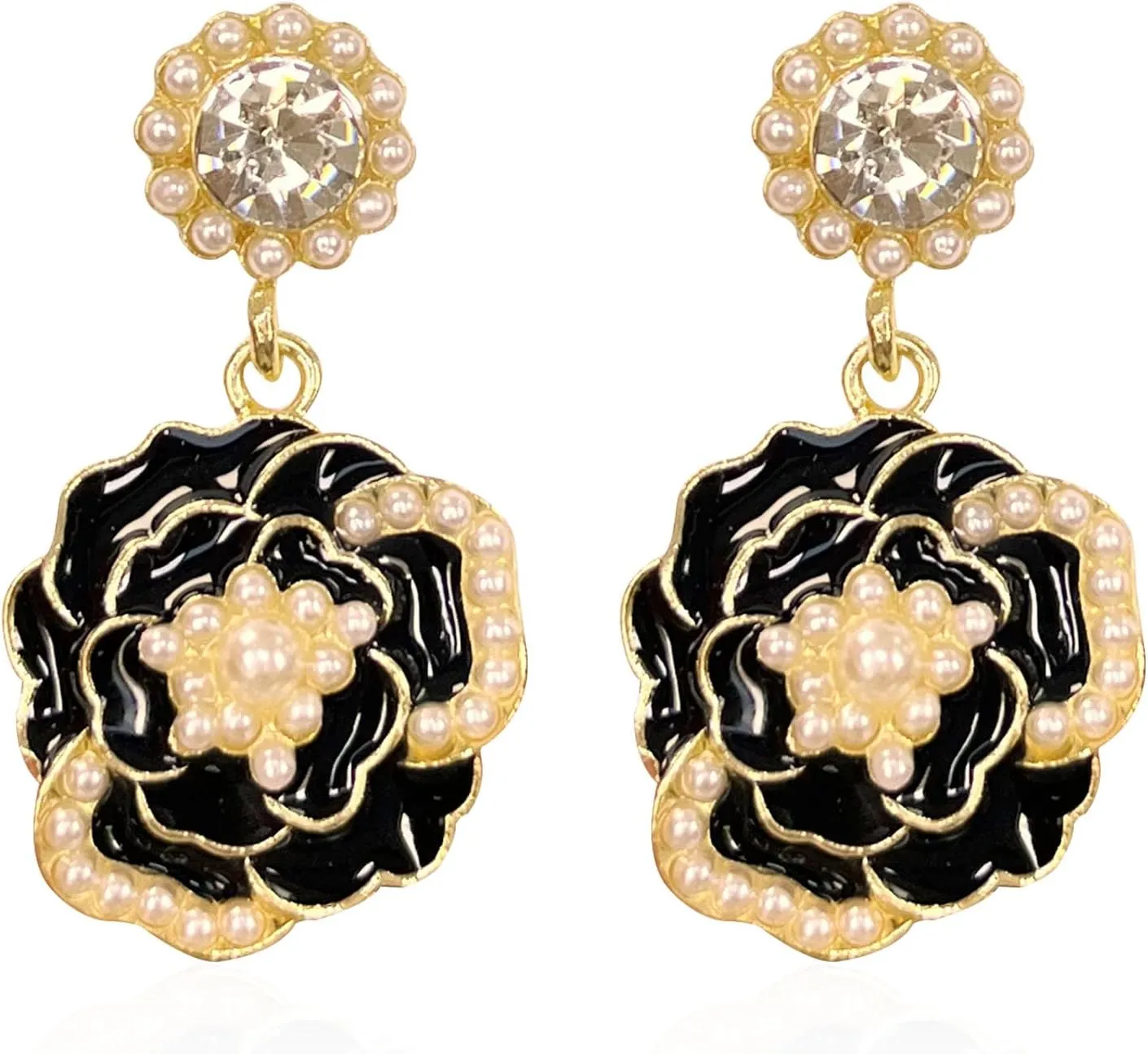 White Pearl Flower Drop Earrings Sterling Silver Post Long Fringe Pearl Rhinestone Pendant Petal Stud Dangle Statement Earring for Women