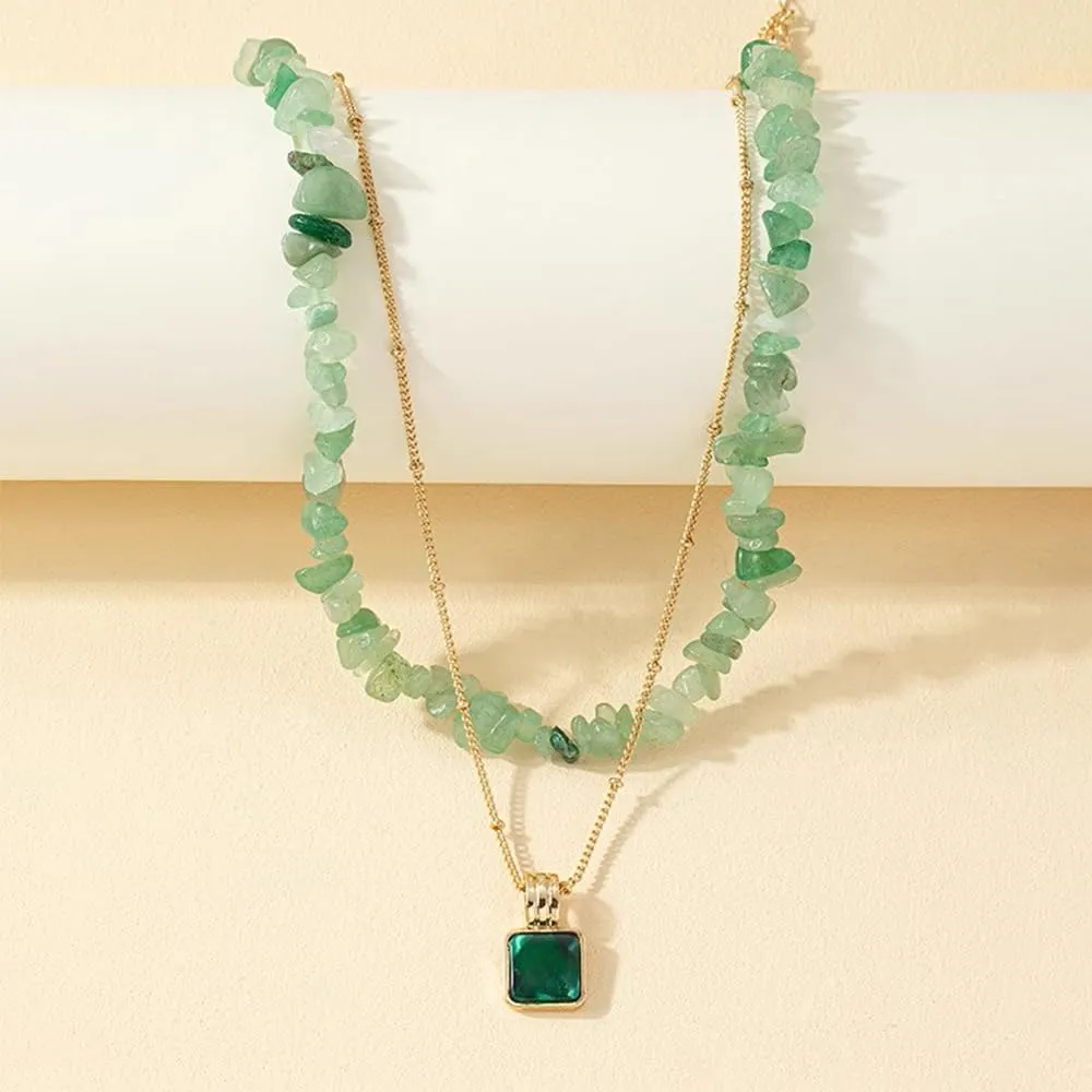 Women Aventurine? Jade Choker Double Layer Pendant Necklace Natural Gemstone 14k Handmade Jewelry Birthday Gift for Her 18inch Valentine Gift for Her