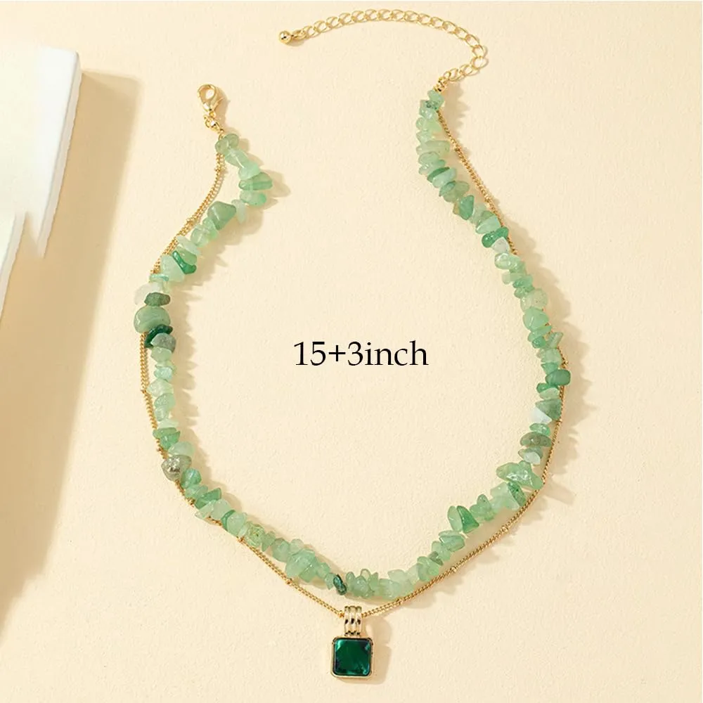 Women Aventurine? Jade Choker Double Layer Pendant Necklace Natural Gemstone 14k Handmade Jewelry Birthday Gift for Her 18inch Valentine Gift for Her