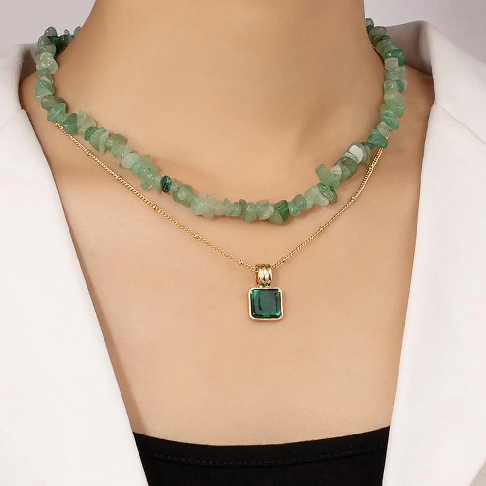 Women Aventurine? Jade Choker Double Layer Pendant Necklace Natural Gemstone 14k Handmade Jewelry Birthday Gift for Her 18inch Valentine Gift for Her
