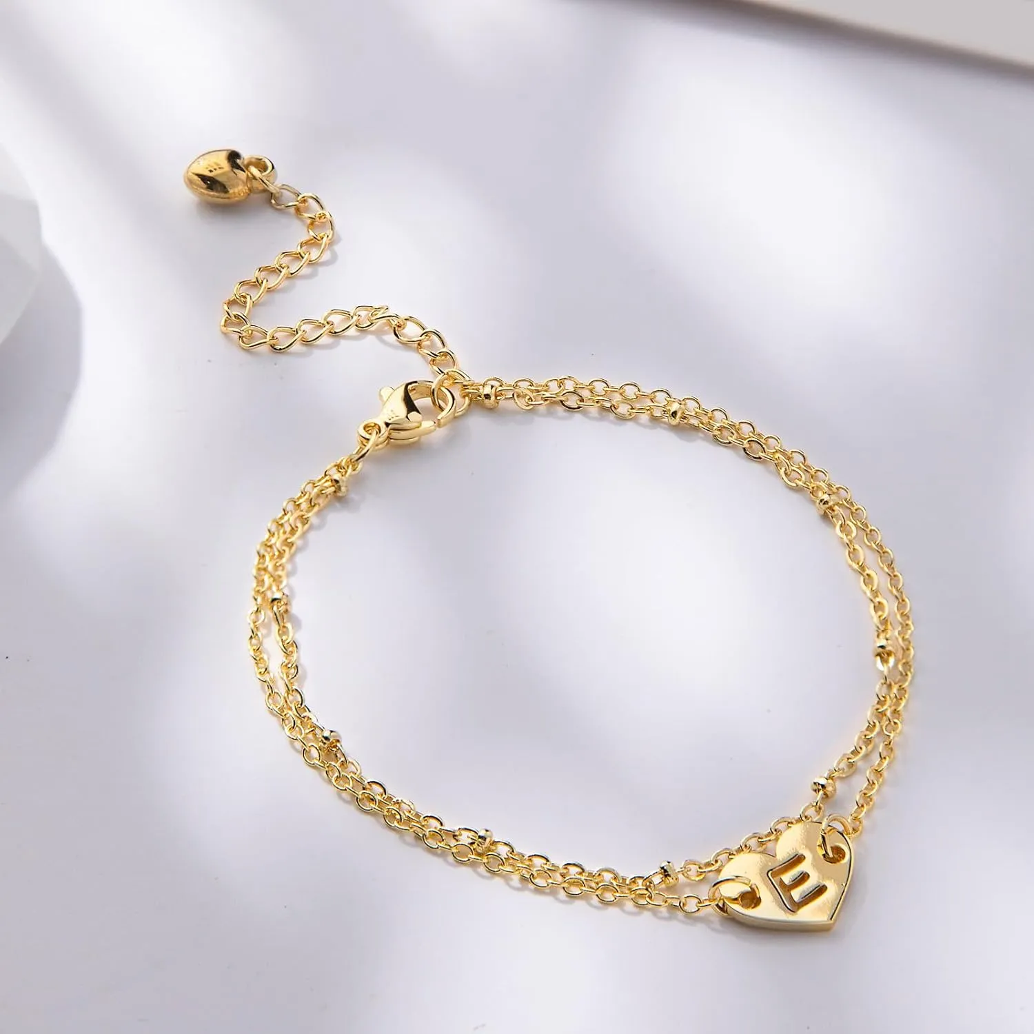 Women Gifts - Women Bracelets - Dainty Golden Initial Heart Charm Chain Bracelets With Hollow Letter
