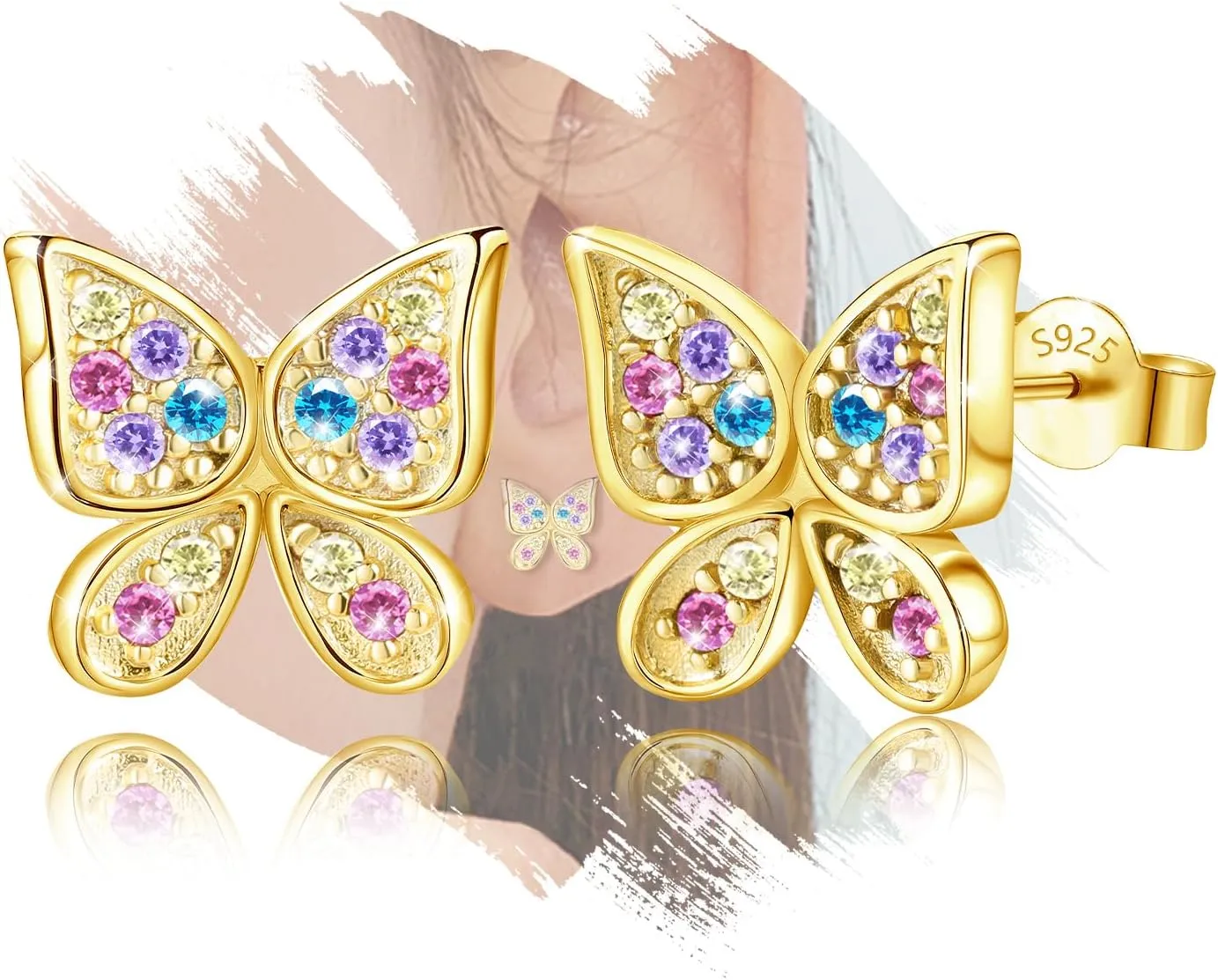 Women??s 18K Gold Plated Sterling Sliver Colorful Butterfly Small Cubic Zirconia Stud Earrings Hypoallergenic Lightweight Cute Animal Stud Earrings for Wife Mom for Sensitive Ears