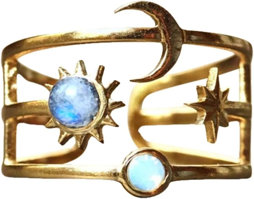 Womens Band Rings Sun Moon And Ring Gold Opal Jewelry Celestial Body Ring Gift Birthday Present For (Gold, One Size), xMf59K8Y6