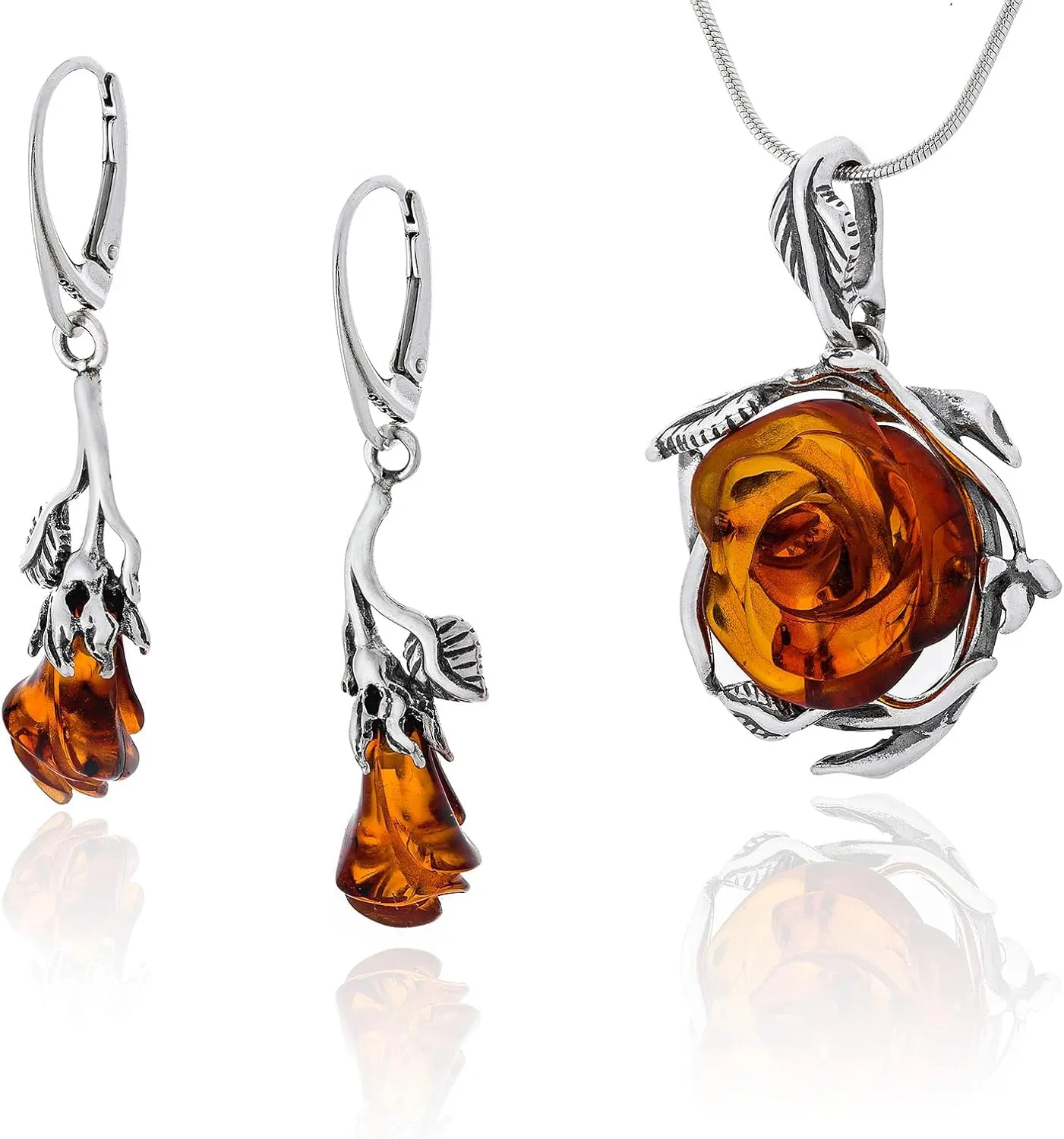 Women's Jewellery Set Amber 060B, Oxidised Sterling Silver, Hand Carved Amber Roses in Cognac Colour, Silver Pendant on Chain and Earrings