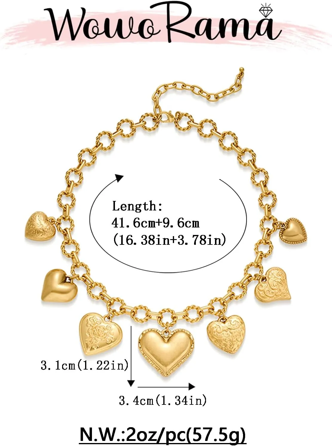 WOWORAMA Chunky Gold Charm Necklace for Women Boho Chunky Heart Statement Necklace Vintage Heart Coin Disc Charm Necklace Jewelry