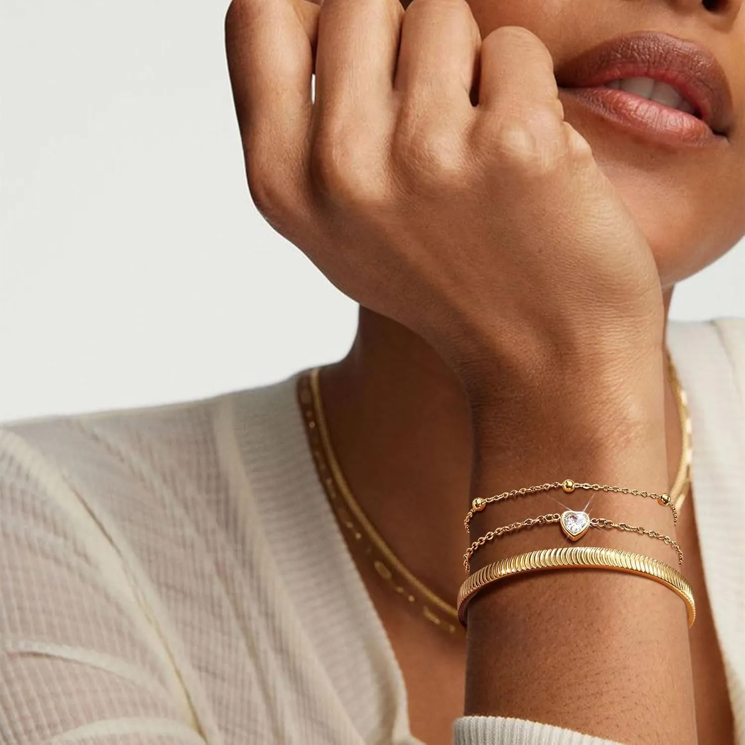 XUANPAI Women's Stackable Gold Bracelet Set - 14k Gold Plated Tennis Bracelets,Hypoallergenic Stainless Steel Charm Adjustable Gold Link Jewelry,Christmas Birthday Party Trendy Gift for Her