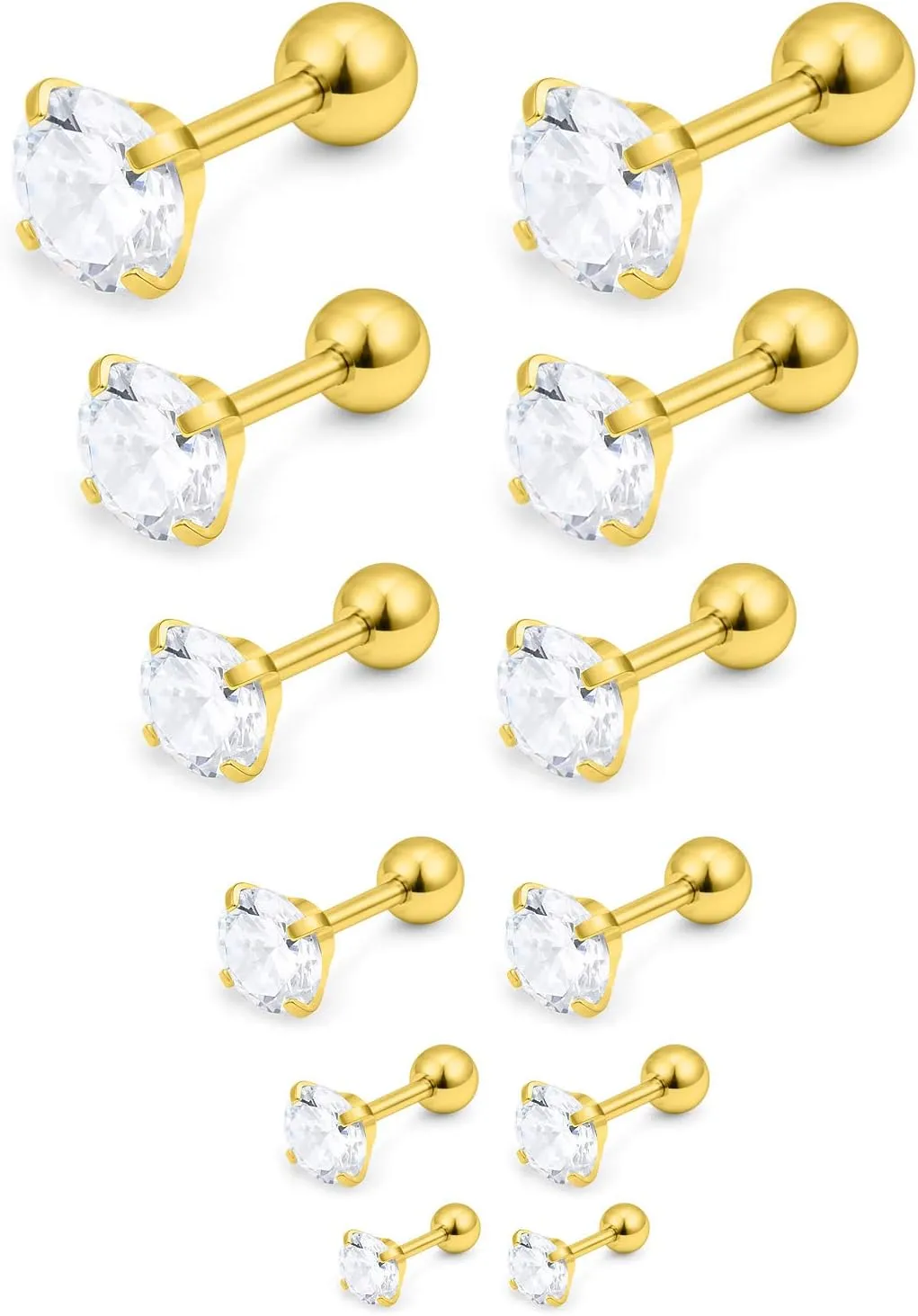 Yaalozei 16G Screw Back Stud Earrings Set Hypoallergenic 316L Ball Back Earrings Stainless Steel Cubic Zirconia Earrings Assorted Sizes 3mm 4mm 5mm 6mm 7mm 8mm