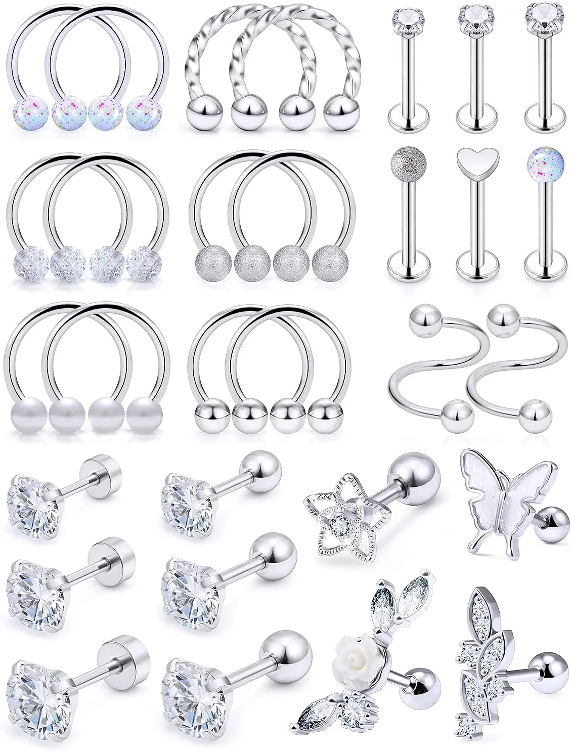 Yaalozei 30Pcs 16G Cartilage Earrings for Women Forwards Helix Earring Hoop Rook Daith Conch Tragus Earrings Stainless Steel Piercing Jewelry for Women Men