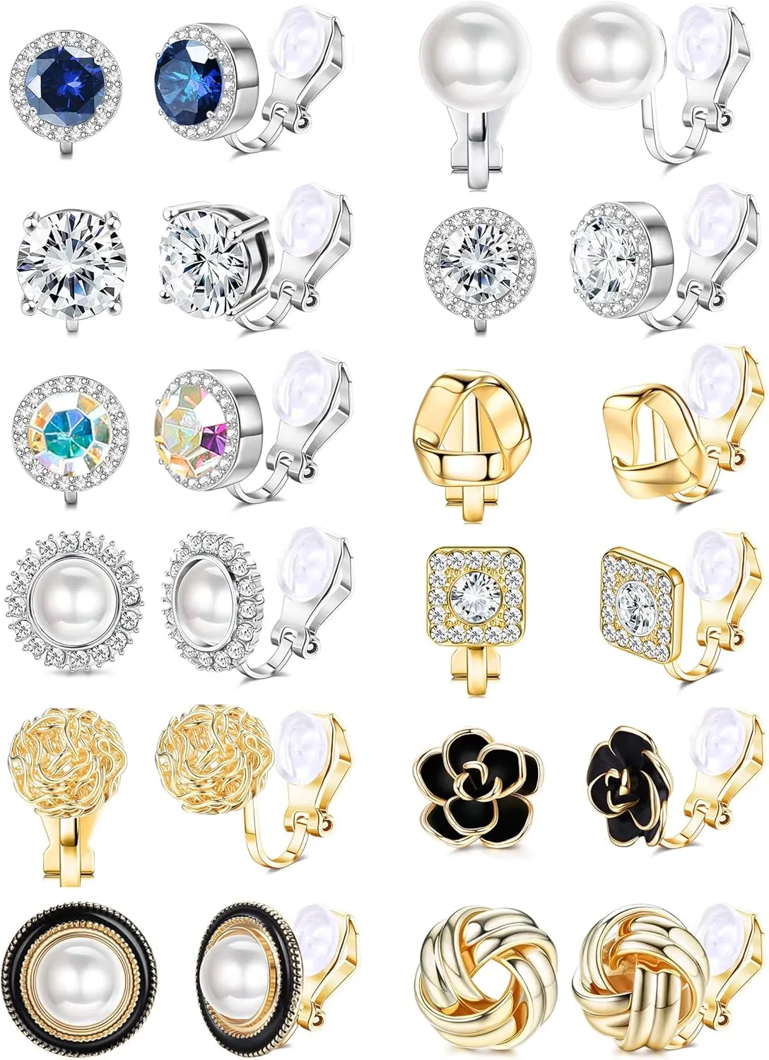 YADOCA 12 Pairs Clip On Earrings for Women Clip Earrings Non Pierced Earrings CZ Flower Twist Knot Simulated Pearl Clip On Earrings Sets