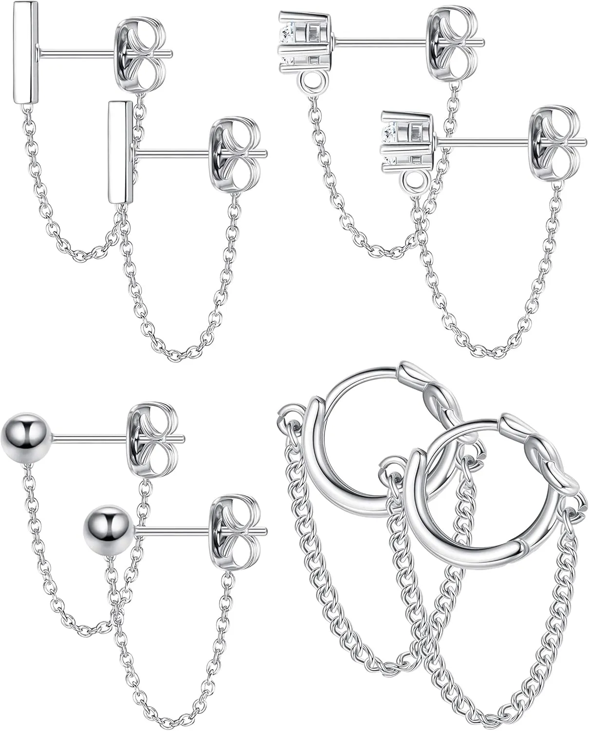 YADOCA 4 Pairs Chain Earrings for Women CZ Ball Bar Huggie Hoop Piercing Dangle Chain Stud Earring Set Gold Silver Rose Gold