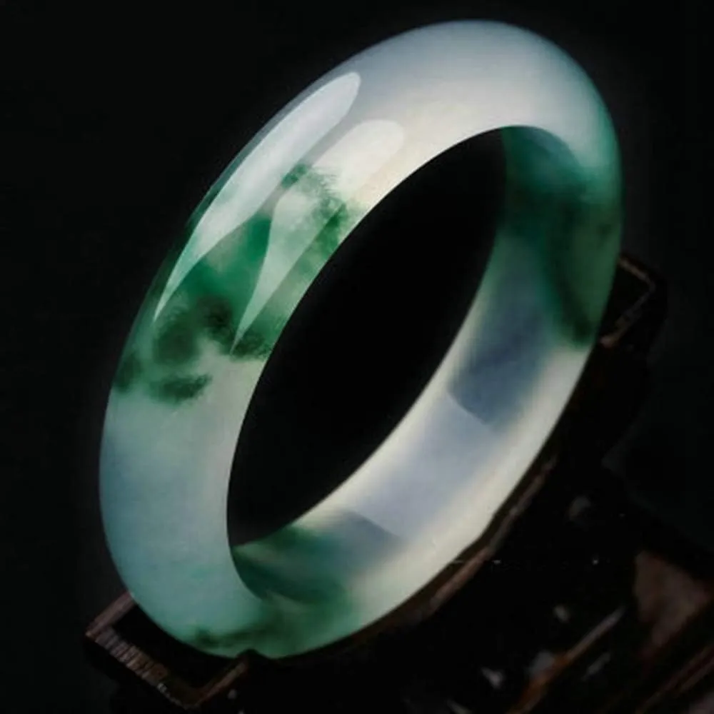 YASHUNJIA-Ladies Jade Bangle, Natural Green Floating Flower, Quartzite, Fine Beauty