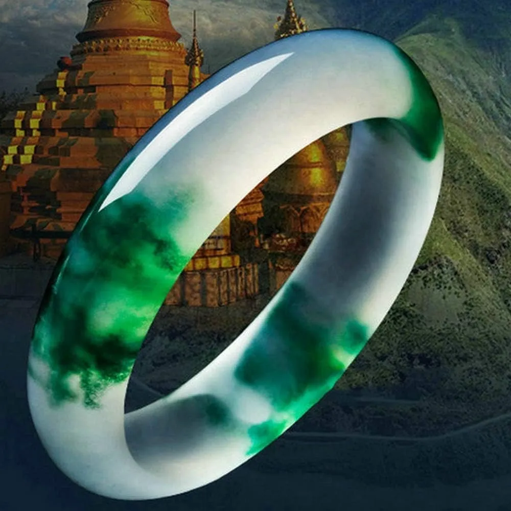 YASHUNJIA-Ladies Jade Bangle, Natural Green Floating Flower, Quartzite, Fine Beauty