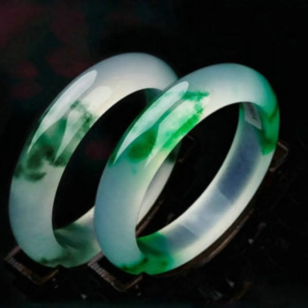 YASHUNJIA-Ladies Jade Bangle, Natural Green Floating Flower, Quartzite, Fine Beauty