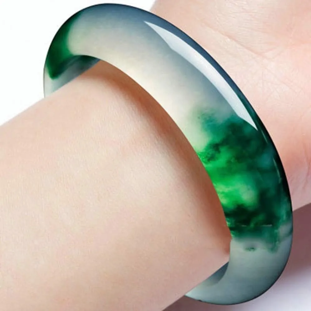 YASHUNJIA-Ladies Jade Bangle, Natural Green Floating Flower, Quartzite, Fine Beauty