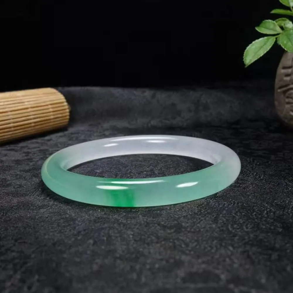 YASHUNJIA-Natural Jade Bangles, Color Bracelet, Bangle Bracelet, Half Green Half White Floating Flower Thin Round Bracelets, with Jewelry Box,