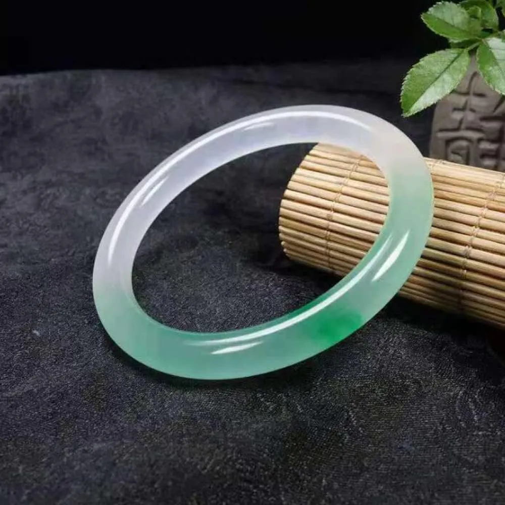 YASHUNJIA-Natural Jade Bangles, Color Bracelet, Bangle Bracelet, Half Green Half White Floating Flower Thin Round Bracelets, with Jewelry Box,