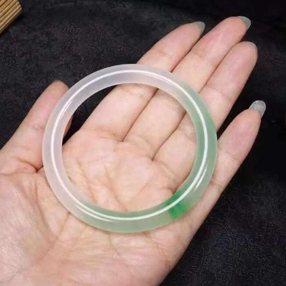 YASHUNJIA-Natural Jade Bangles, Color Bracelet, Bangle Bracelet, Half Green Half White Floating Flower Thin Round Bracelets, with Jewelry Box,