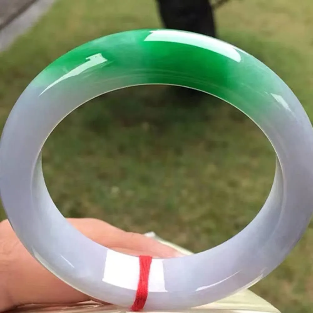 YASHUNJIA- White and Half Green Floating Flower Jade Bangle Bracelet, Ladies, for Family Or Friend, with Jewelry Box (64mm)