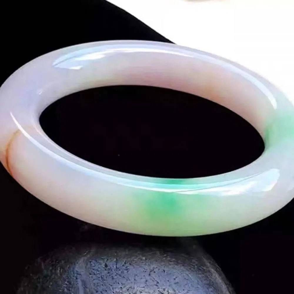 YASHUNJIA- White and Half Green Floating Flower Jade Bangle Bracelet, Ladies, for Family Or Friend, with Jewelry Box (64mm)