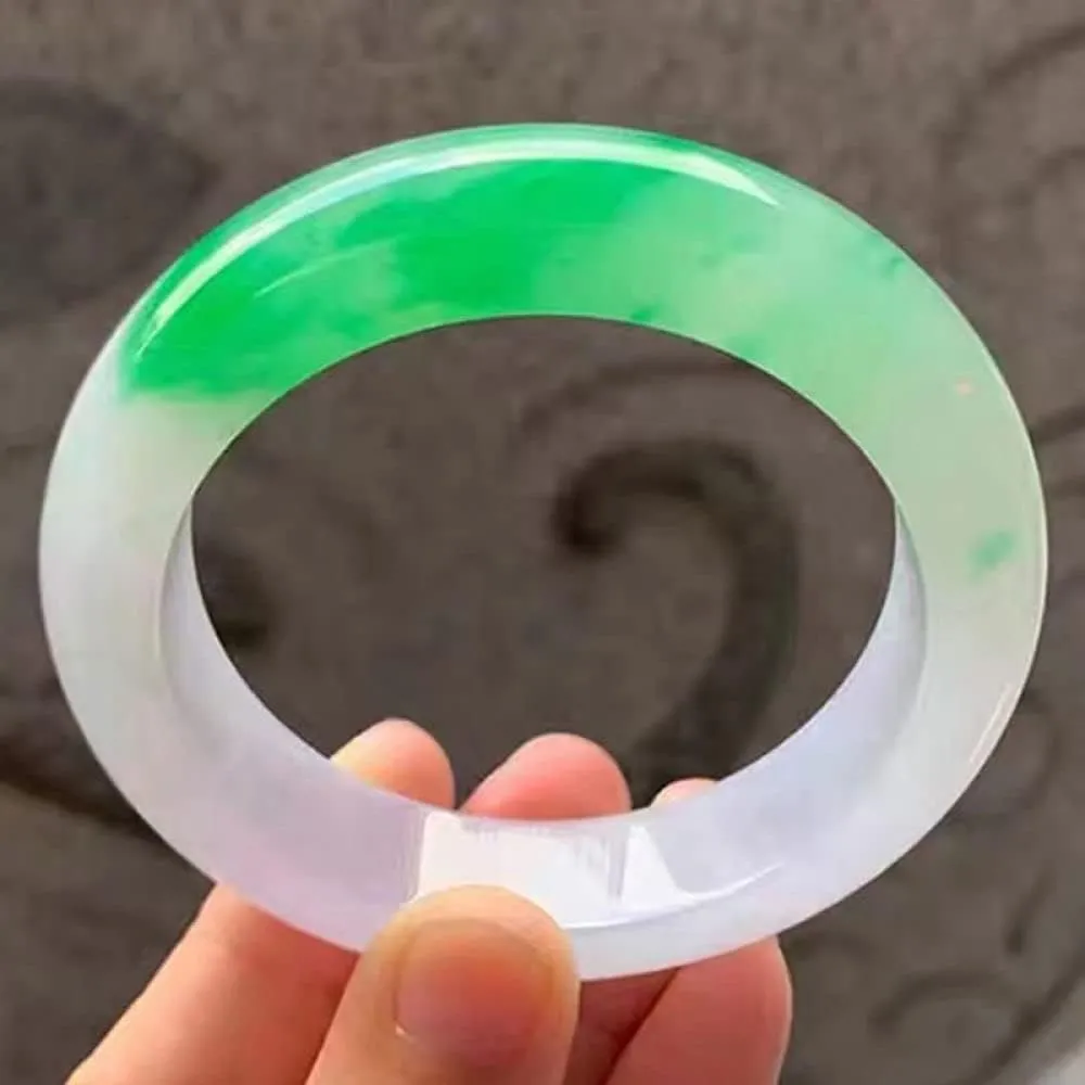 YASHUNJIA- White and Half Green Floating Flower Jade Bangle Bracelet, Ladies, for Family Or Friend, with Jewelry Box