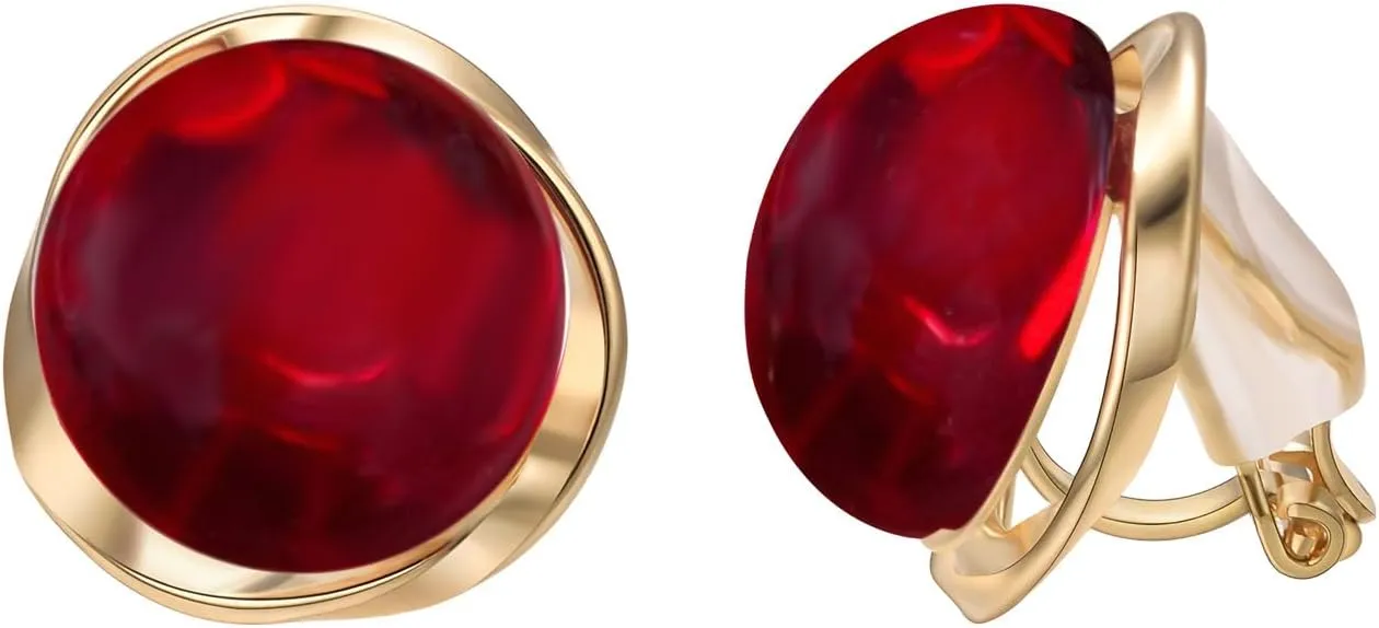 Yoursfs Light Red Onyx Clip on Earrings for Women Round Small Gold Clip on Earring Bridal,Bridesmaid,Wedding Jewelry