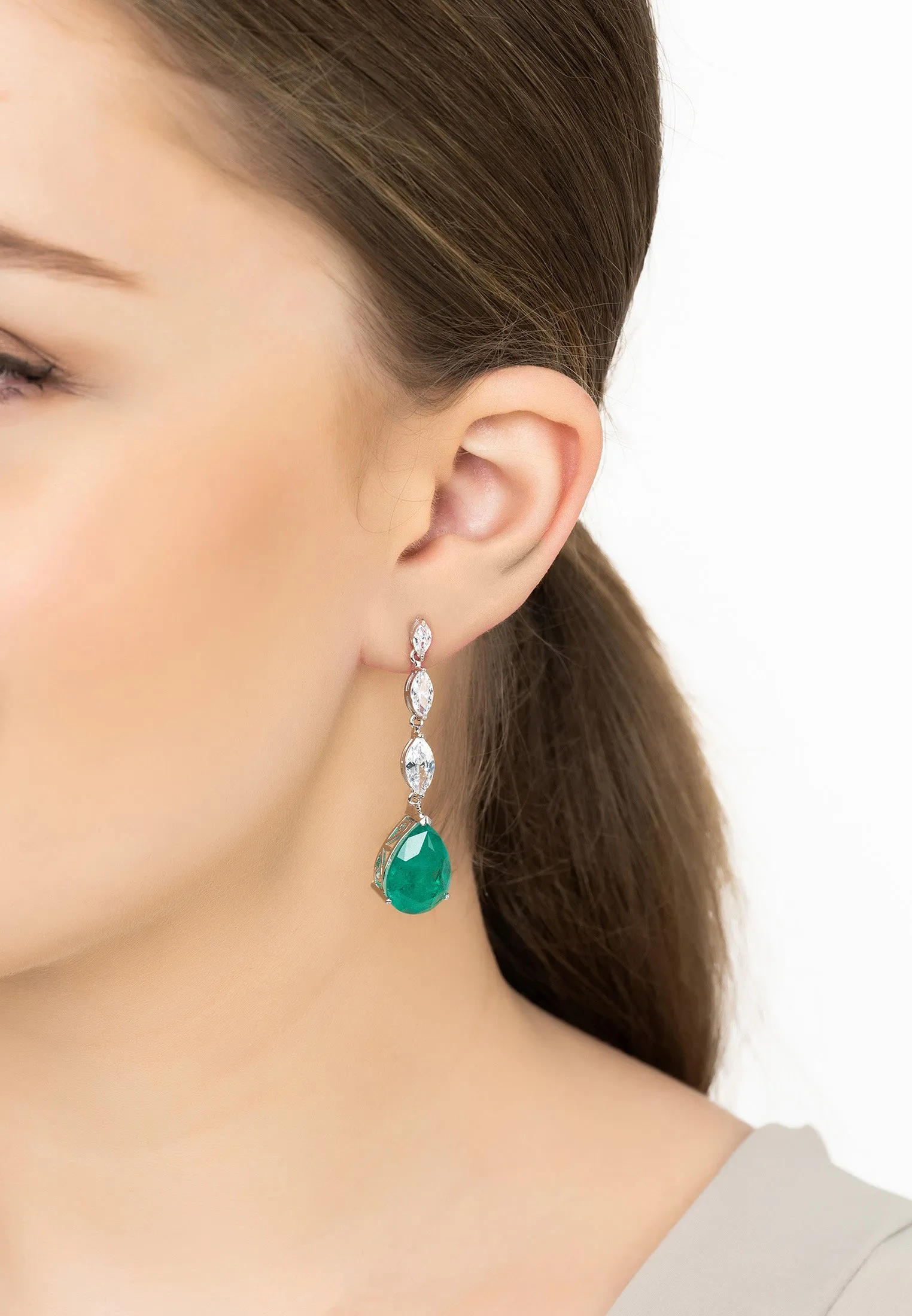 Zara Teardrop Colombian Emerald Gemstone Earrings in Silver