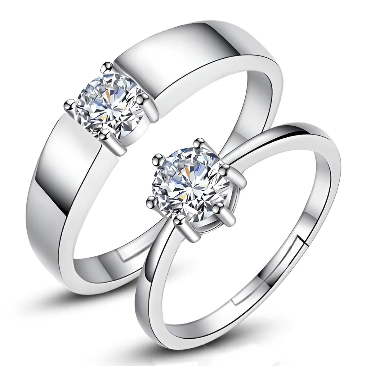 Zircon Adjustable Silver Couple Wedding Rings - Matching 925 Sterling Silver with Platinum Plating, Adjustable Butterfly Design, Perfect for Engagement and Anniversary